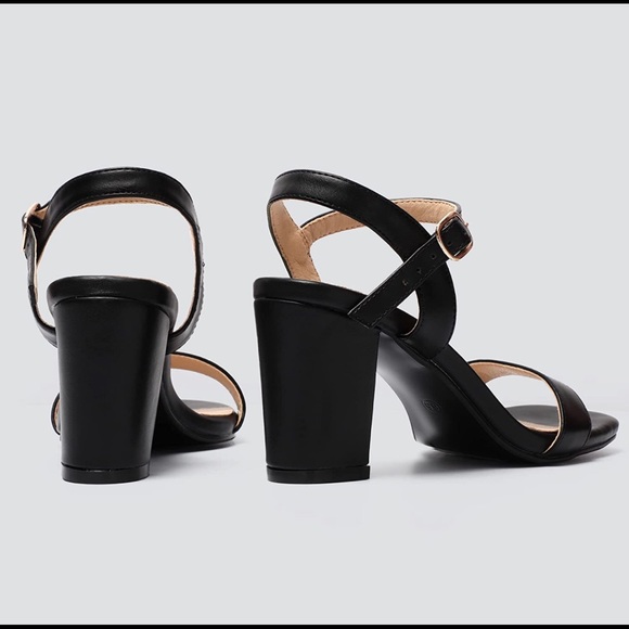 Women's Chunky Heels Square Toe block Sandals Wedding Prom - black pu leather 7 - Picture 2 of 8